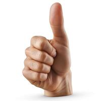 A close-up of a human hand showing a thumbs up gesture on a neutral background. photo