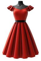Elegant red dress with puffy sleeves and a fitted bodice, showcasing a classic and timeless style. photo