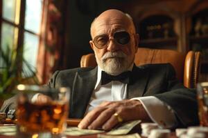 An older Caucasian man with a beard and sunglasses seated at a poker table, exuding confidence and sophistication. photo