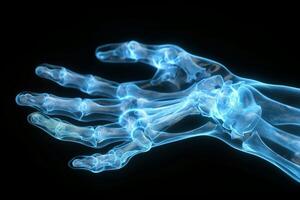 A glowing, translucent representation of a human hand showcases intricate bone structures in a striking blue hue. photo