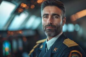 Confident male pilot in uniform, showcasing dedication and professionalism in the cockpit, illuminated by soft bokeh lights. photo