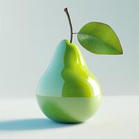 A glossy green pear with a smooth gradient finish and a single leaf, symbolizing freshness and natural beauty. photo