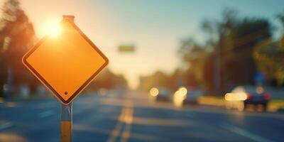 A vibrant sunset illuminating a roadside warning sign, highlighting the beauty of evening commutes. photo