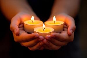 A close-up of a pair of hands, holding three flickering candles, creating a warm and serene atmosphere. photo