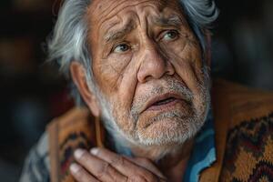 Elderly Hispanic man with gray hair and a concerned expression, captured in soft natural light, embodying wisdom and emotion. photo