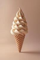 Delicious swirl of creamy vanilla ice cream in a crispy cone against a soft neutral background. photo