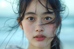 Close-up of a young Asian girl with flowing hair by the beach, conveying a serene and dreamy expression. photo