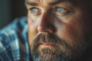 Close-up of a thoughtful Caucasian man with a beard and striking blue eyes, reflecting a mood of contemplation. photo