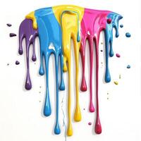 Vibrant drips of blue, pink, yellow, and purple paint cascading down a white surface, creating a colorful and artistic display. photo