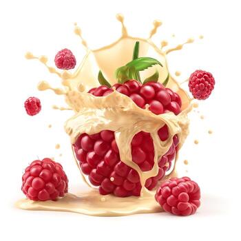 A burst of vibrant red raspberries splashed with creamy sauce, creating a lively and mouth-watering scene. photo