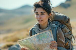 A young Middle-Eastern woman studies a map while hiking in a mountainous landscape, showcasing determination and adventure. photo