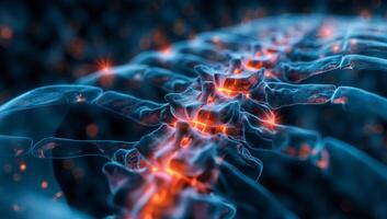 An artistic representation of the human spine showcasing its intricate structure with glowing elements, symbolizing vitality and health. photo