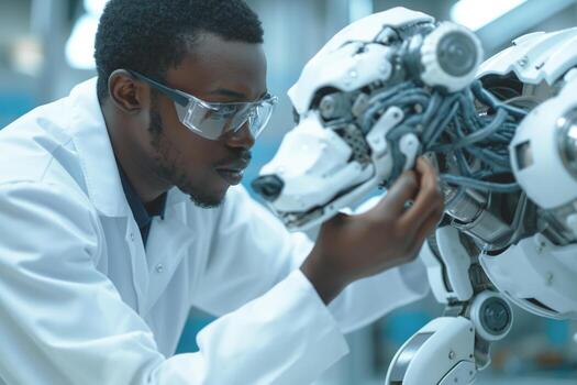 A Black male engineer examines a robotic dog, showcasing the intersection of technology and innovation. photo