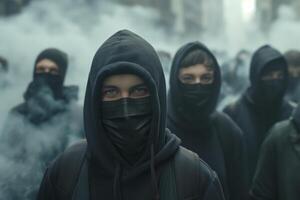 A group of young individuals in dark hoodies and masks, standing resiliently amidst a misty urban backdrop. photo