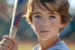 A focused Caucasian boy with freckles holds a baseball bat, ready for the game, showcasing determination and youth. photo