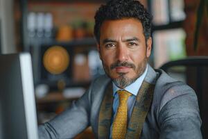Confident middle-aged Hispanic man in a tailored suit, exuding professionalism in a modern office setting. photo