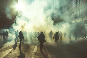 A diverse group of people walking through a foggy urban street, creating a mysterious and dramatic atmosphere. photo