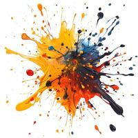 A vibrant explosion of colors showcasing a bold mix of orange, yellow, blue, and black paint splatters against a white background. photo