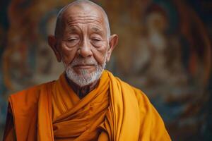 An elderly Asian man in a vibrant orange robe gazes thoughtfully, embodying wisdom and tranquility in a serene atmosphere. photo