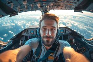 A young Caucasian male pilot smiles for a selfie in the cockpit, surrounded by flight instruments and a beautiful sky. photo