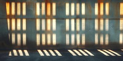 Golden sunlight casts intricate shadows on a textured wall, creating an abstract interplay of light and dark. photo