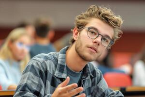 A young Caucasian male with curly hair and glasses engaged in discussion during a lecture. photo