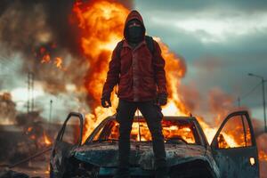 A masked male figure stands defiantly on a burned-out car, flames roaring behind him in a dramatic post-apocalyptic landscape. photo