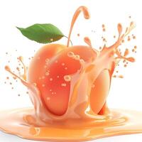 A fresh peach creating a splash in vibrant orange juice, showcasing its juicy essence and a green leaf accent. photo