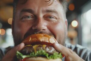 Joyful man enjoying a delicious hamburger with a big smile in a cozy restaurant setting. photo