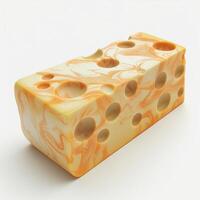 A vibrant orange and yellow marbled cheese block with holes, showcasing an eye-catching design that adds a playful touch. photo