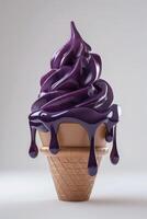 A delicious swirl of purple soft-serve ice cream dripping from a waffle cone. photo