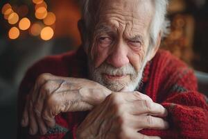 An elderly Caucasian man in a cozy knit sweater looks thoughtfully into the distance, reflecting a sense of nostalgia and warmth. photo
