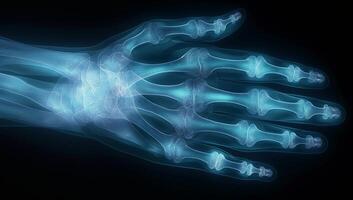 An artistic, illuminated x-ray image of a human hand, showcasing the intricate bone structure and joint connections. photo