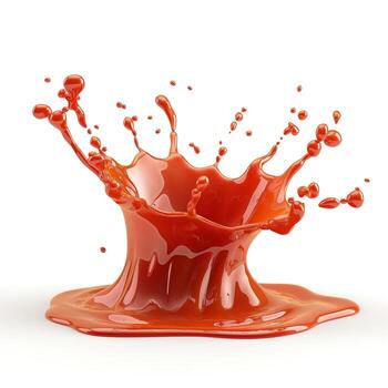 A vibrant splash of red liquid creating dynamic droplets and ripples against a clean white background. photo
