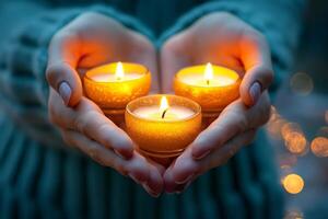 A serene close-up of two hands holding three glowing candles, casting a warm amber light. photo
