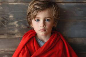 A thoughtful Caucasian boy with blue eyes wrapped in a cozy red blanket, against a rustic wooden background. photo