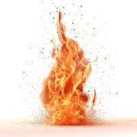 A vibrant flame bursting with energy, radiating intense orange and yellow hues against a stark white background. photo