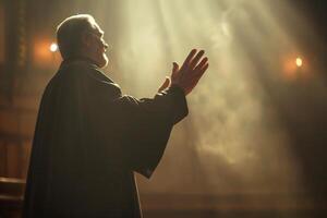 A solemn elderly man in a dark robe raises his hands in a gesture of prayer, illuminated by soft, ethereal light. photo