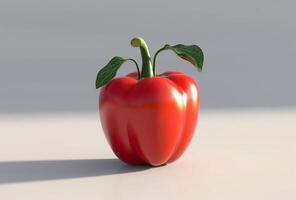 A vibrant red bell pepper with glossy skin and fresh leaves, positioned elegantly against a neutral background. photo