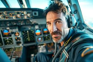 A male pilot smiles confidently in the cockpit, showcasing advanced instrument panels and a serene sky in the background. photo