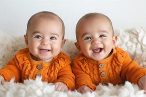 Two joyful infants, one Asian and one mixed ethnicity, wearing matching orange sweaters, smiling on a fluffy white blanket. photo