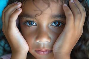 A young girl with curly dark hair, deep brown eyes, and a worried expression holds her face in her hands. photo
