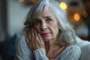 Thoughtful elderly woman with gray hair and a cozy sweater, gazing thoughtfully with a hint of sadness in her expression. photo