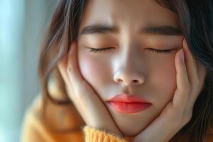 A serene young Asian woman with closed eyes, gently resting her face in her hands, radiating calmness and introspection. photo