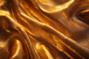 Close-up of luxurious golden satin fabric, showcasing its smooth texture and shimmering qualities. photo