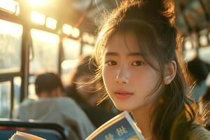 A young Asian woman with long hair sits on a bus, absorbed in a book as sunlight filters through the windows. photo