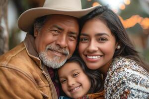 A joyful Latino family warmly embraces each other, showcasing love and connection in a cozy setting. photo