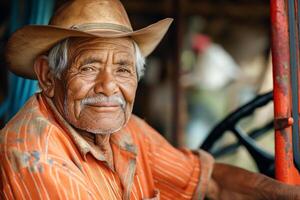 Smiling elderly Hispanic man in a cowboy hat, showcasing a warm, weathered face while sitting near a tractor. photo