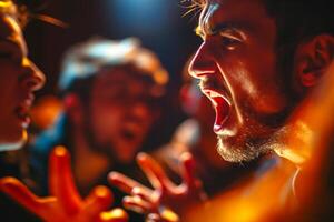 Intense confrontation between a man and a woman, showcasing emotions in a dramatic lighting setting. photo