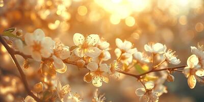 Delicate white blossoms bathed in golden sunlight, creating a serene and enchanting spring atmosphere. photo